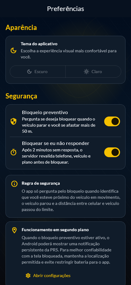 Tela demonstrativa de preferências no aplicativo PRS Tracking