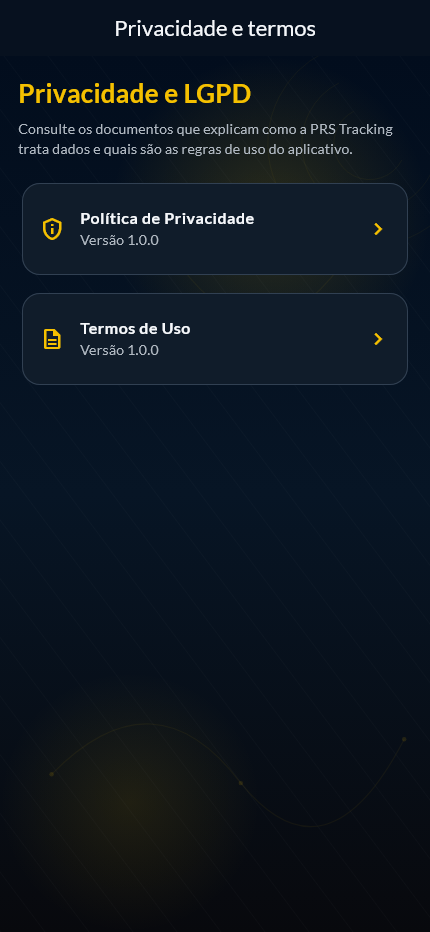 Tela demonstrativa de documentos e privacidade no aplicativo PRS Tracking
