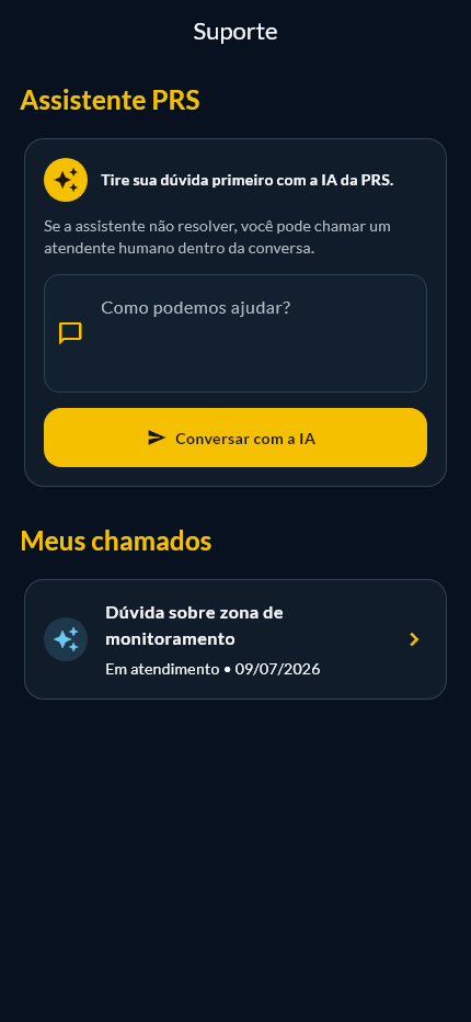 Tela demonstrativa de suporte no aplicativo PRS Tracking