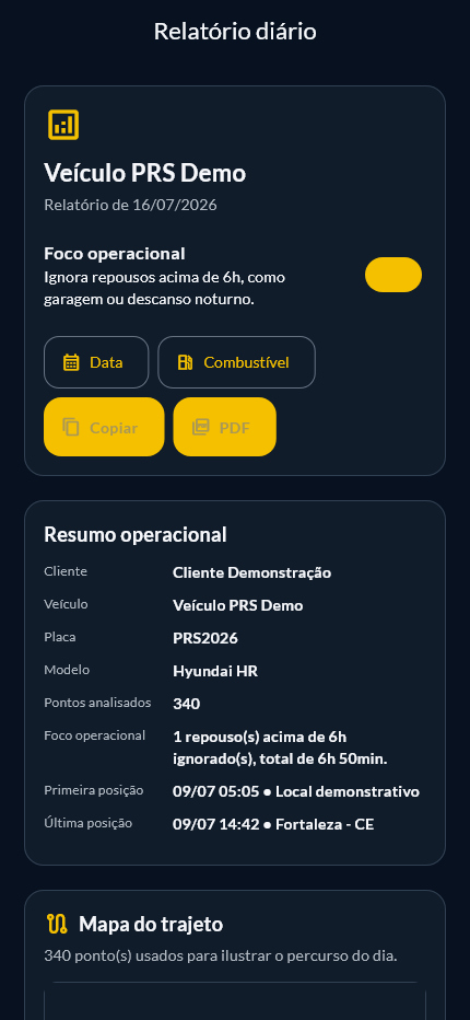 Tela demonstrativa de relatório diário do PRS Tracking para gestão de frota