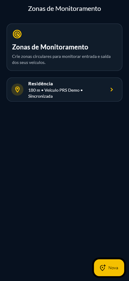 Tela demonstrativa de zonas de monitoramento no PRS Tracking